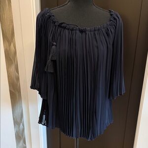 Ecru Midnight Blue Pleated Blouse with Tassel Accents